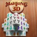 Trójwymiarowa układanka z białych klocków o różnych kolorowych symbolach umieszczona na drewnianym tle z napisem MAHJONG 3D powyżej