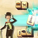 Ilustracja przedstawia animowaną postać w cylindrze, otoczoną kafelkami z różnymi obiektami, takimi jak świeczniki, pies, aparat, kapelusz i laska