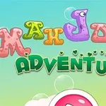 Kolorowy tytuł Mahjong Adventure z bąbelkami na tle nieba