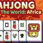 Kolorowe kafelki z małpą i lwem oraz symbole chińskie na tle napisu i afrykańskiego krajobrazu