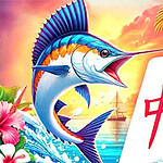 Ryba z długim pyskiem wyskakująca z wody obok dużej płytki z chińskim znakiem, otoczona egzotycznymi kwiatami i tropikalnym pejzażem