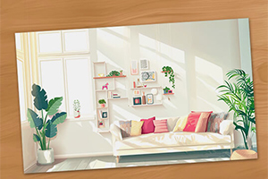 Jasne, przytulne wnętrze salonu z białą kanapą, poduszkami, roślinami doniczkowymi oraz ścianą z półkami pełnymi dekoracji, skąpane w naturalnym świetle