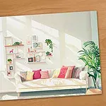 Jasne, przytulne wnętrze salonu z białą kanapą, poduszkami, roślinami doniczkowymi oraz ścianą z półkami pełnymi dekoracji, skąpane w naturalnym świetle