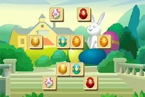 Kolorowe kafelki z pisankami na tle wiosennego krajobrazu z białym królikiem i domem w tle