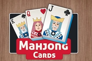 Karty z postaciami króla, damy i waleta na tle z napisem Mahjong Cards