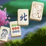 Cztery płytki z wzorami i symbolami unoszą się na tle kwitnącej wiśni i zielonych wzgórz