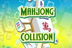 Kreatywna grafika z tytułem Mahjong Collision wyeksponowanym na tle klocków mahjonga z chińskimi znakami i symbolami, otoczonych niebiesko-żółtym gradientem