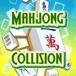 Kreatywna grafika z tytułem Mahjong Collision wyeksponowanym na tle klocków mahjonga z chińskimi znakami i symbolami, otoczonych niebiesko-żółtym gradientem