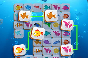 Kolorowe ikony ryb na kafelkach, połączone linią na niebieskim tle z bąbelkami