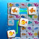 Kolorowe ikony ryb na kafelkach, połączone linią na niebieskim tle z bąbelkami