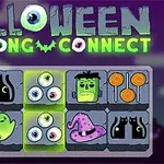 Plansza z motywami halloweenowymi, takimi jak dynia, duch, czarny kot, i Frankenstein, z napisem Halloween Mahjong Connect