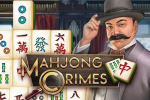 Mężczyzna w kapeluszu i wąsami stoi obok stosu płytek Mahjong z widocznym tytułem Mahjong Crimes