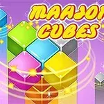 Kolorowe sześciany unoszące się na fioletowym tle z napisem Mahjong Cubes na górze