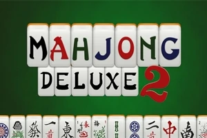 Napis MAHJONG DELUXE 2 na białych kafelkach z kolorowymi literami na zielonym tle, poniżej rząd płytek z chińskimi znakami