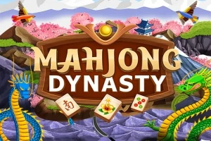 Napis Mahjong Dynasty otoczony jest obrazami smoków, górami i drzewami wiśniowymi, z trzema kostkami do gry mahjong