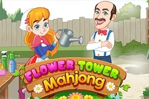 Dziewczyna trzymająca konewkę i mężczyzna w ogrodzie, z kolorowym napisem Flower Tower Mahjong