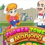Dziewczyna trzymająca konewkę i mężczyzna w ogrodzie, z kolorowym napisem Flower Tower Mahjong