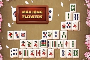 Kolorowe płytki z symbolami układające się w strukturę na tle z kwiatowym obramowaniem i napisem MAHJONG FLOWERS