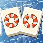 Kafle z motywem plaży, z centralnymi kołami ratunkowymi, otoczone symbolami wakacyjnymi na tle wody