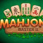 Graficzne przedstawienie kilku płytek mahjonga ułożonych nad stylizowanym napisem MAHJONG MASTER II na zielonym tle