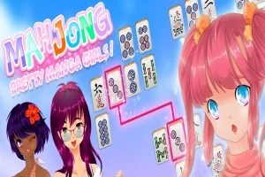 Trzy postacie w stylu anime obok układu kafelków przypominających mahjong na jasnym tle