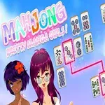 Trzy postacie w stylu anime obok układu kafelków przypominających mahjong na jasnym tle