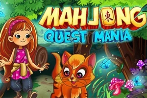 Dziewczynka i rudy kot w kolorowym lesie z dużymi napisami „Mahjong Quest Mania” na górze