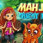 Dziewczynka i rudy kot w kolorowym lesie z dużymi napisami „Mahjong Quest Mania” na górze