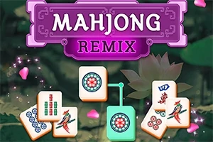 Napis Mahjong Remix z grafiką przedstawiającą kilka płytek mahjonga z różnymi wzorami na tle zielonych liści i płatków róż