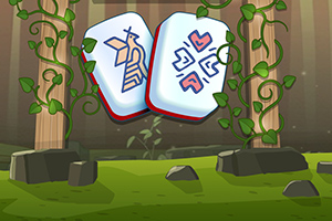 Dwa pionki z symbolami owada i serc, otoczone pnączami i kamieniami w lesistej scenerii