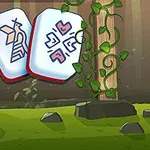 Dwa pionki z symbolami owada i serc, otoczone pnączami i kamieniami w lesistej scenerii