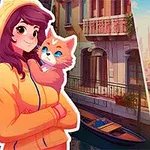 Młoda kobieta w żółtej bluzie z kotem na rękach, na tle miejskiego krajobrazu z kanałem i stosu kolorowych płytek