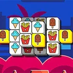 Kolorowe kwadraty z obrazkami frytek, lodów i lodów na patyku na tle niebiesko-czerwonym z sylwetkami palm