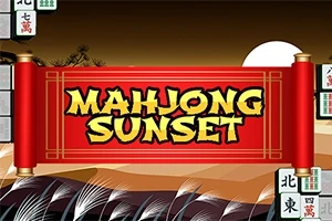 Czerwony zwój z napisem Mahjong Sunset na tle zachodzącego słońca i mahjongowych płytek