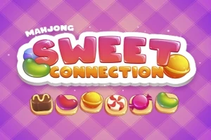 Kolorowy napis Sweet Connection na fioletowym tle w kratkę z grafikami słodyczy poniżej