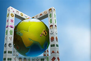 Kula ziemska otoczona konstrukcją z klocków z symbolami na tle błękitnego nieba