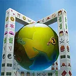 Kula ziemska otoczona konstrukcją z klocków z symbolami na tle błękitnego nieba