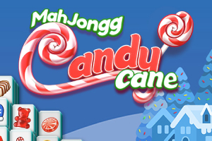 Napisy MahJongg Candy Cane w otoczeniu kolorowych lizaków i klocków na tle zimowego krajobrazu z domkami