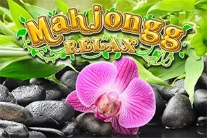 Różowy kwiat orchidei na tle czarnych kamyków i zielonych liści z napisem Mahjongg Relax