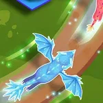 Niebieski, skrzydlaty stwór leci nad ścieżką, otoczony magicznym blaskiem na zielonym tle