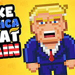 Pikselowa postać mężczyzny w niebieskim garniturze obok napisu MAKE AMERICA GREAT AGAIN na żółtym tle