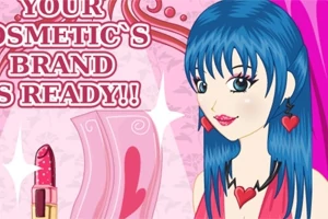 Postać z niebieskimi włosami i czerwonymi akcesoriami na tle różowego motywu z kosmetykami i napisem