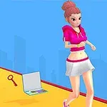 Postać kobiety biegnącej po żółtej ścieżce z laptopem, kluczem i szminką na ziemi, na niebieskim tle