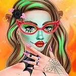 Kobieta o zielonej skórze z różowymi okularami i długimi paznokciami na tle ognia