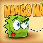 Zielony, uśmiechnięty stworek patrzy na mango wiszące na drzewie, z dużym napisem Mango Mania w tle