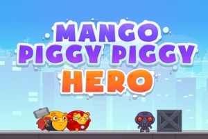 Dwie kreskówkowe świnki w pelerynach i z bronią stoją naprzeciw robota na tle miasta, z kolorowym napisem Mango Piggy Piggy Hero u góry