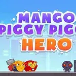 Dwie kreskówkowe świnki w pelerynach i z bronią stoją naprzeciw robota na tle miasta, z kolorowym napisem Mango Piggy Piggy Hero u góry