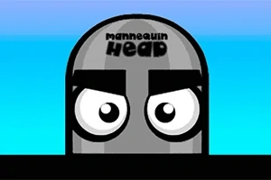 Szara, kreskówkowa głowa manekina z wyrazistymi oczami i napisem mannequin head na tle nieba