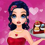 Kobieta z ciemnymi włosami w czerwonej sukience trzymająca tacę z ozdobionymi deserami na tle różowych serc