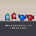 Cztery postacie w kolorach niebieskim i czerwonym, dwie z koronami i napisem MASQUERADES VS IMPOSTORS